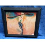 Studio framed oil painting portrait of an elegant Art Deco Lady in soft brimmed hat, signed,
