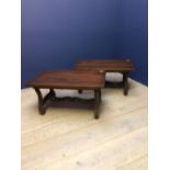 Pair of Continental walnut rectangular top low occasional tables on scrolling legs, 80Wx39Hcm (C18th