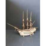 Napoleonic prisoner of war style bone model of a 3 masted ship with 2 rows of gun ports to each