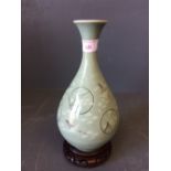 Chinese celadon onion shaped vase decorated with cranes