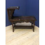 Two tier hardwood Chinese stand with intricately carved frieze, 77Lx30Wx73Hcm