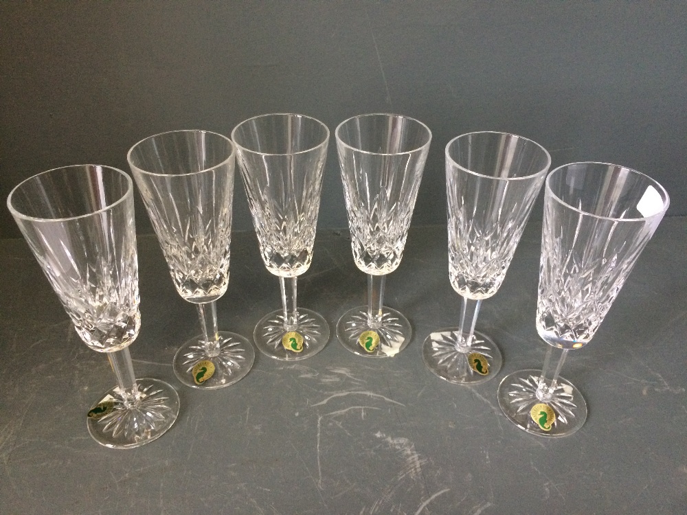 Set of 6 Waterford crystal champagne flutes