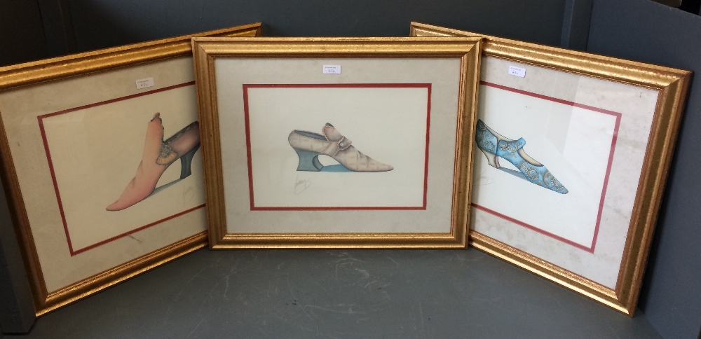 4 signed, framed and glazed modern watercolours of C18th shoes