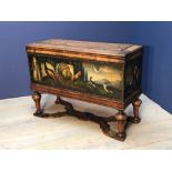 Continental painted walnut chest with rising lid, raised on turned legs and shaped X stretcher,