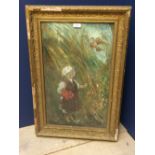 Oil painting of a girl watching a dove, signed E. Hutchinson, framed and glazed