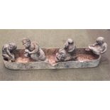 Antique lead planter with figural frieze, a lead figure of Satyr & a lead dolphin fountain head (3)