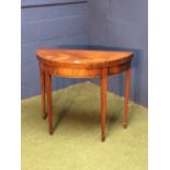 Georgian mahogany demi lune card table with banding, 92cm dia