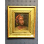 Oil painting portrait of an African man wearing traditional headdress, 24x19.5cm