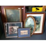 Mixed lot to include: piano stool, table lamps, various pictures/prints & oak framed mirror