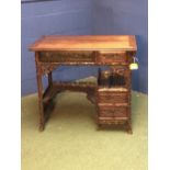 Chinese heavily carved hardwood flat topped desk with 1 long & 1 short drawer, kneespace with 2