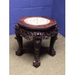 Small hardwood carved Chinese circular table with inlaid porcelain panel of butterflies, birds &