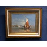 Gilt framed oil painting of a Continental coastal scene with fishing boats offshore, 28x38cm