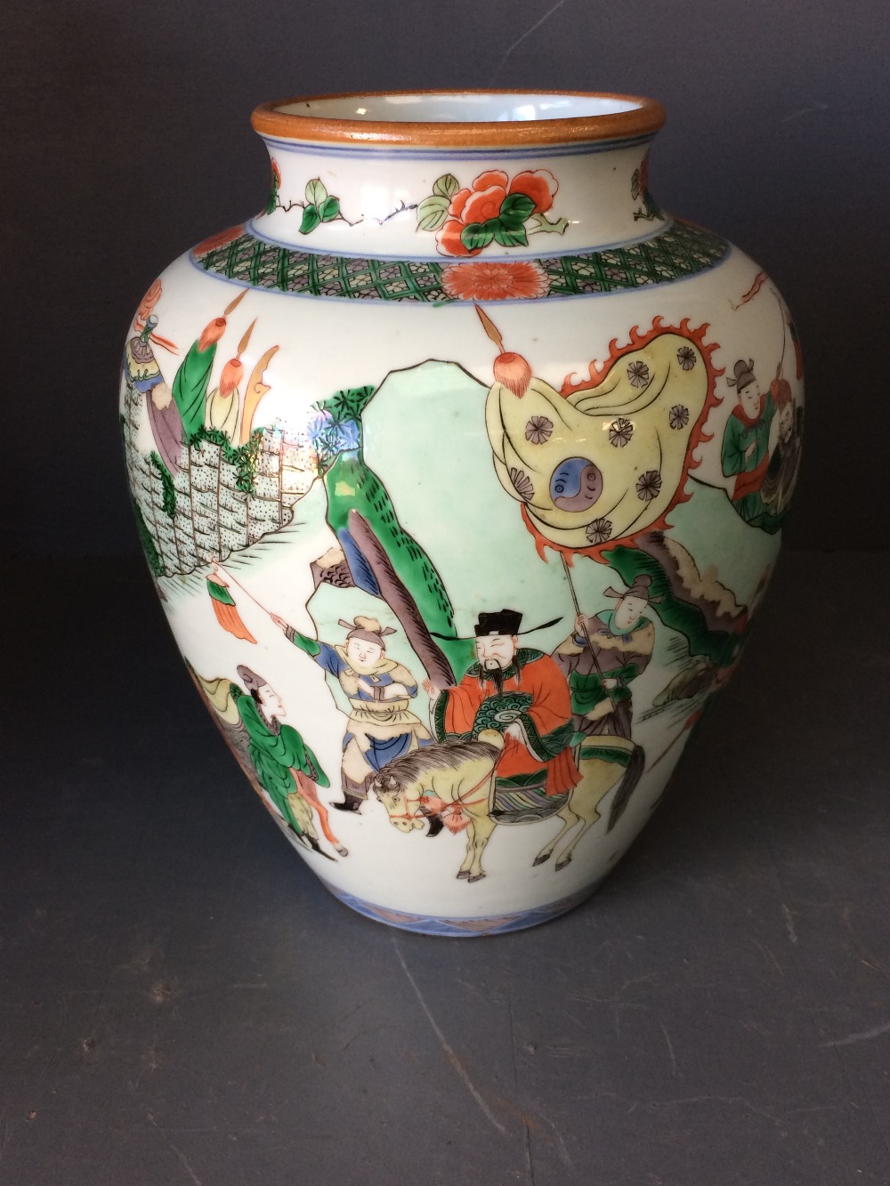 Late C19th Chinese famille verte ovoid vase decorated with equestrian figures amidst a landscape