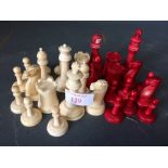 Part ivory & red stained chess set (27)