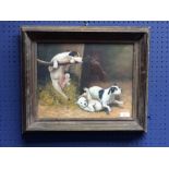 Gilt framed oil painting study of Three Terriers playing in a barn, 28x35.5cm