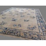 C19th fine Peking Chinese carpet, neutral ground and borders of blue foliage 3.48 x 2.77m
