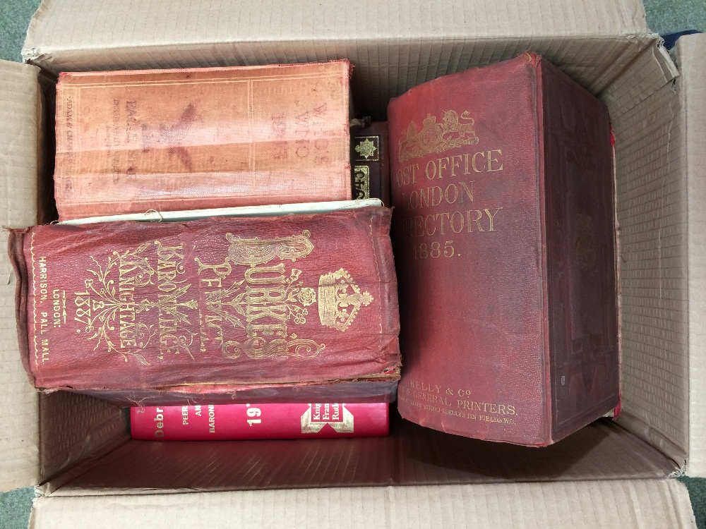 Qty of various books including bound volumes of Debretts, Burks Peerage etc, Provenance: Faringdon