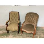 2 C19th button back chairs one in green draylon and one in green pattern