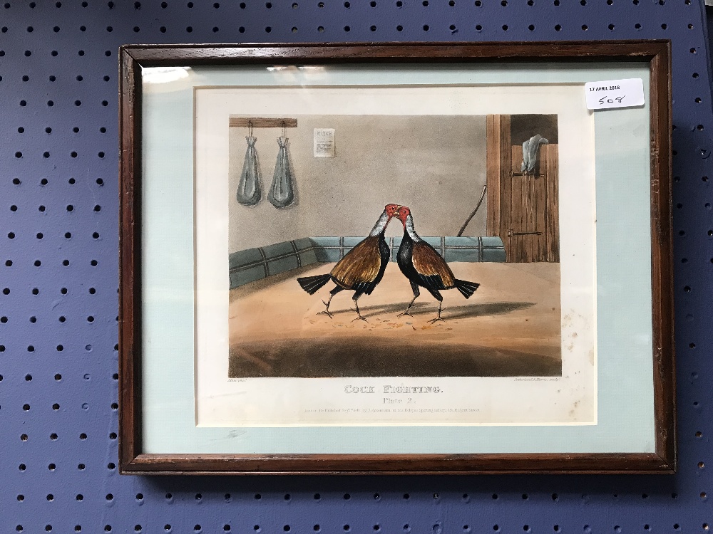 Set of four hand coloured cockfighting prints from Alken paintings, published 1841 - Image 2 of 4