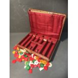 Red Morocco & gilt leather gaming box with large qty of gaming tokens