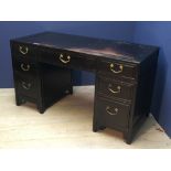 Chinese hardwood ebonised pedestal desk with 7 drawers on block legs