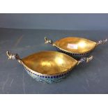 Pair of Russian cloisonné enamel twin handle bowls with duck head terminals, 19cmW