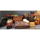 Large qty of vintage tin collectables including a metronome, mother of pearl inlaid marquetry box,