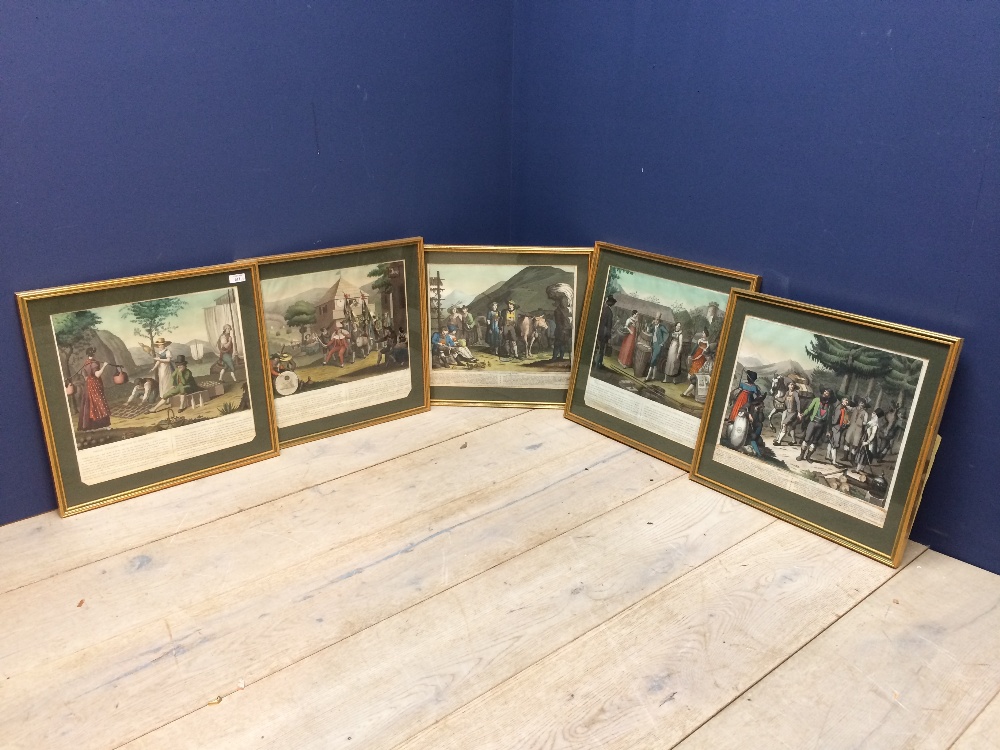 Set of five Italian 'Tyrollean' coloured engravings/lithographs, 36cm x 37cm