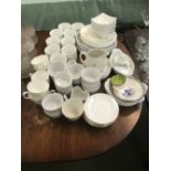 Large qty of white kitchen ware, dishes, tea set etc