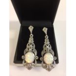 Pair of silver, marcasite and opal set Art Deco style drop earrings
