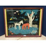 PEGGY WICKHAM, vintage print of Ponies in a meadow, framed and glazed, 44x55.5cm