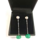 Pair of white gold, emerald and diamond drop earrings