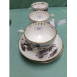 Three breakfast cups and saucers, VIP series made for Harrods by Royal Worcester, one fishing, one