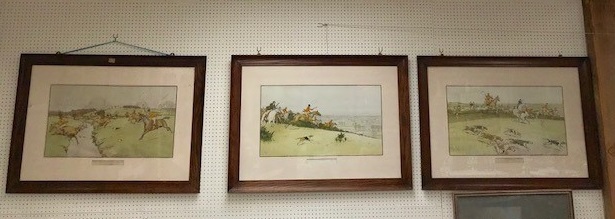 3 Cecil Aldin prints, The Cottesbrook Hunt. 33 x 66 in oak frames