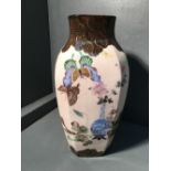 Oriental cream ground vase polychrome enamelled with butterflies, foliage & scholarly emblems 31 H