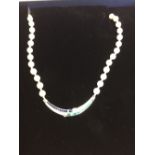 Cultured pearl necklace with sapphire, emerald and diamond bar link