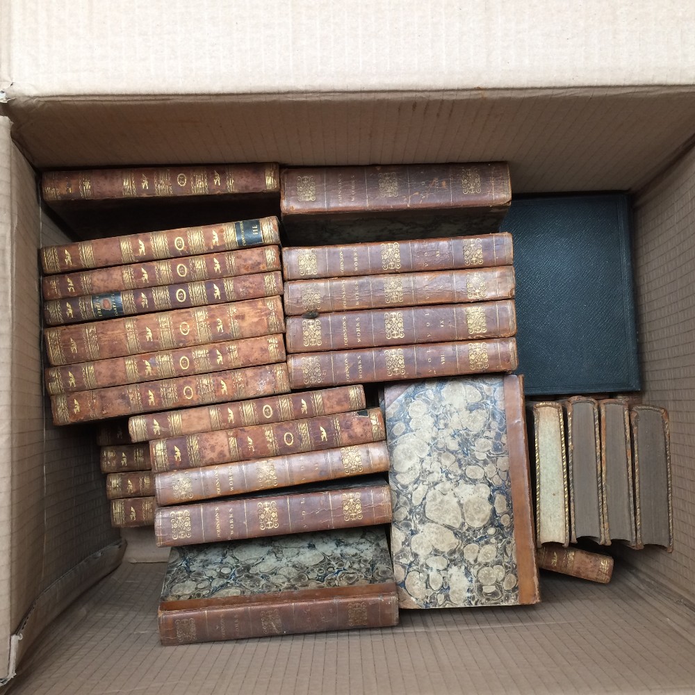 Qty of various books relating to Literature & Poetry, Theatre etc, many old leather bound, etc,