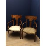 Pair of Edwardian mahogany floral marquetry inlaid open arm elbow chairs