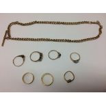 7 various gold wedding bands and rings & a gold Albert chain, 14.8g