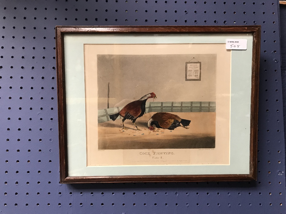 Set of four hand coloured cockfighting prints from Alken paintings, published 1841