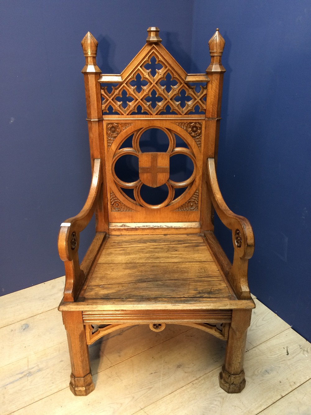 Late C19th Gothic revival oak throne chair with quatrefoil and rosette carved decoration & Bishop'