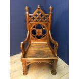 Late C19th Gothic revival oak throne chair with quatrefoil and rosette carved decoration & Bishop'