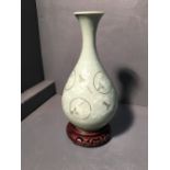 Chinese celadon onion shaped vase decorated with cranes 22 cm H on wooden stand