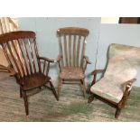 2 C19th lathe back chairs & a rocking chair