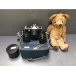 Praktica MTL5B camera with 3 lenses & an English gold plush teddy bear