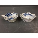 Pair of C18th Worcester blue and white pickle dishes, workman's mark to 1 (1 extensively damaged &