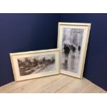 Farrant (contemporary) 'Figures in a street' charcoal drawing, signed 91cm x 39cm and another by the