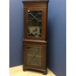 Early C20th oak freestanding corner cupboard in two sections