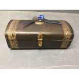 Small leather sewing casket, complete with thimble & tools