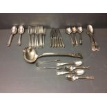 Hallmarked silver, Kings pattern, large ladle, sugar tongs & 4 teaspoons, Crested, London 1837, 15